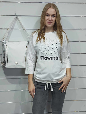 Open image in slideshow, Női pamut felső 3D virágmintával- Fehér, fekete, bézs(S,M,L,XL)
