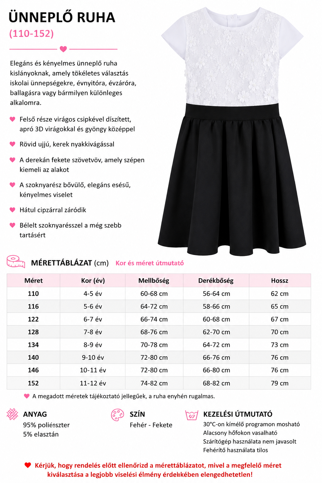 Ünneplő lány ruha csipkés felsőrésszel – fekete-fehér | 110–152