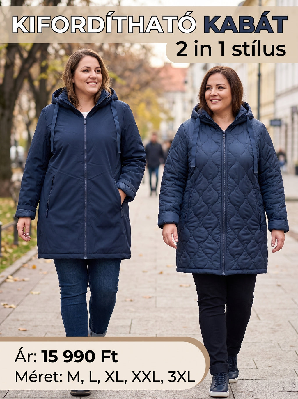 Kifordítható, kapucnis női átmeneti kabát M-3XL