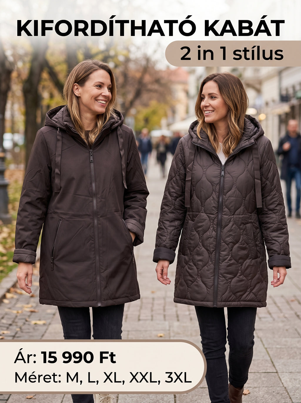 Kifordítható, kapucnis női átmeneti kabát M-3XL