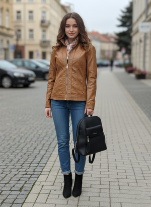 Open image in slideshow, Plus Size női műbőr dzseki- Barna(3XL-7XL)
