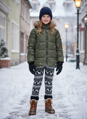 A kép megnyitása diavetítésben, Lányka fekete alapon fehér szarvasmintás thermo leggings – 98/104–122/128

