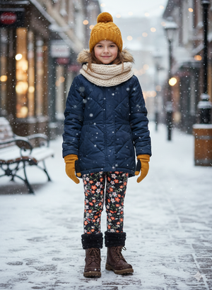 A kép megnyitása diavetítésben, Lányka fekete alapon narancssárga virágmintás thermo leggings – 98/104–122/128
