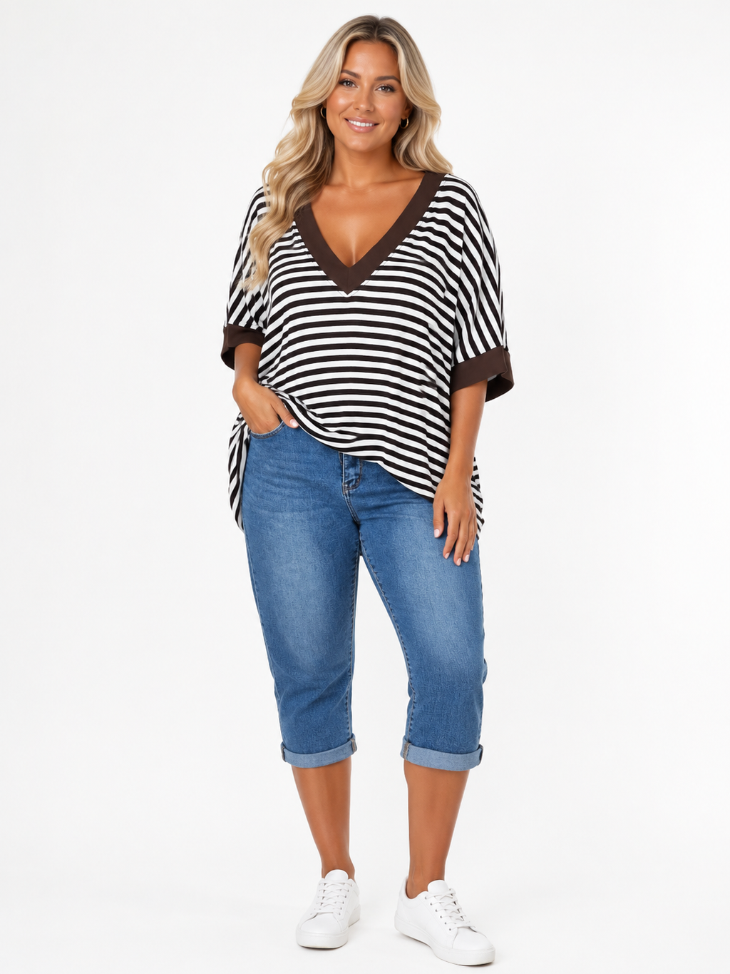 Női csíkos V-nyakú felső – Plus Size ( L-4XL)