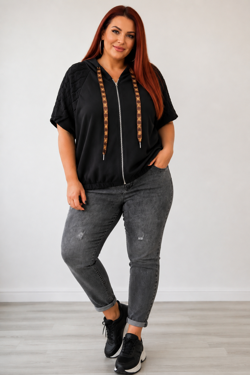 Kötött ujjú kapucnis női mellény – PLUS SIZE ( L-3XL)