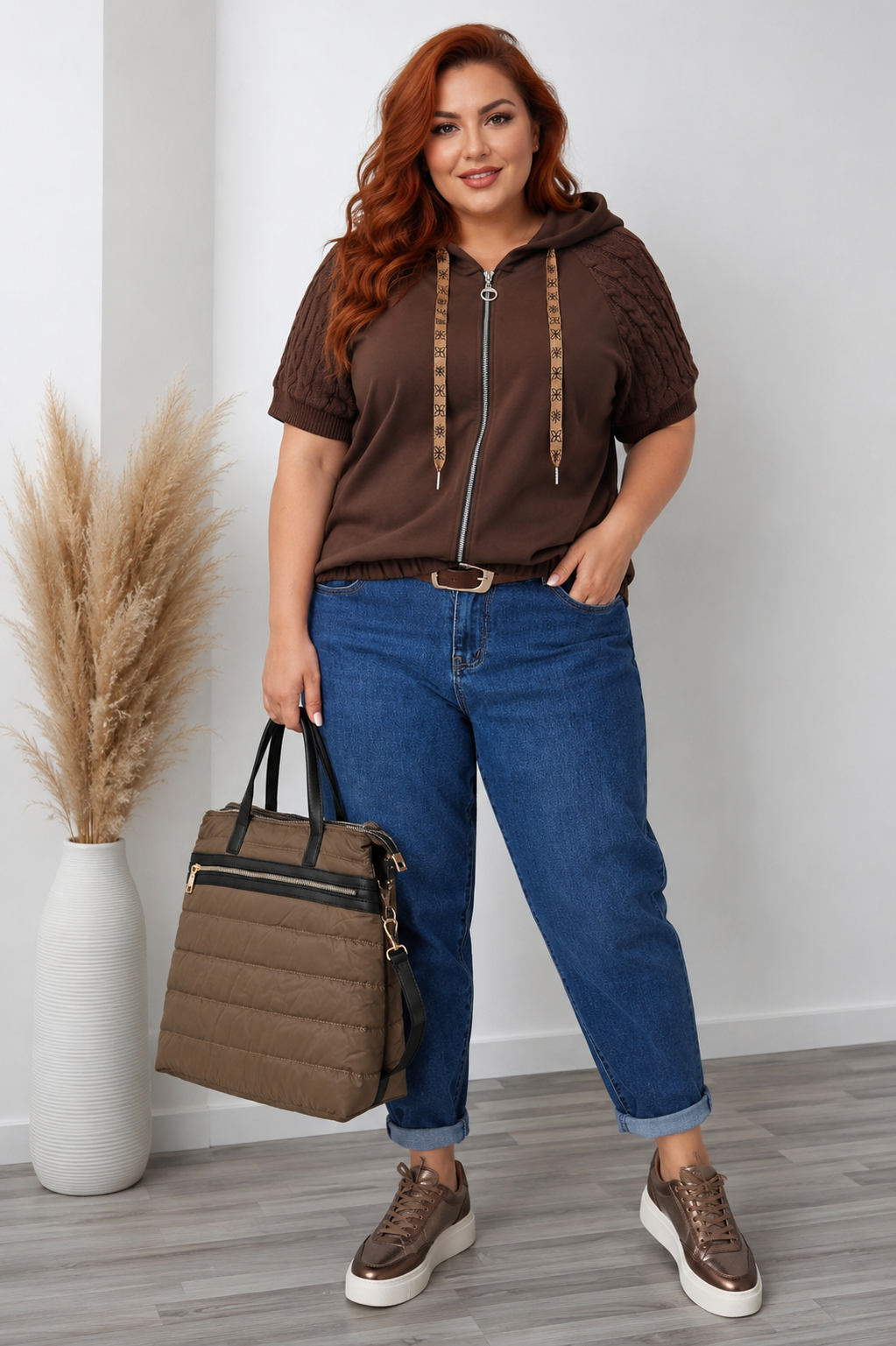 Kötött ujjú kapucnis női mellény – PLUS SIZE ( L-3XL)