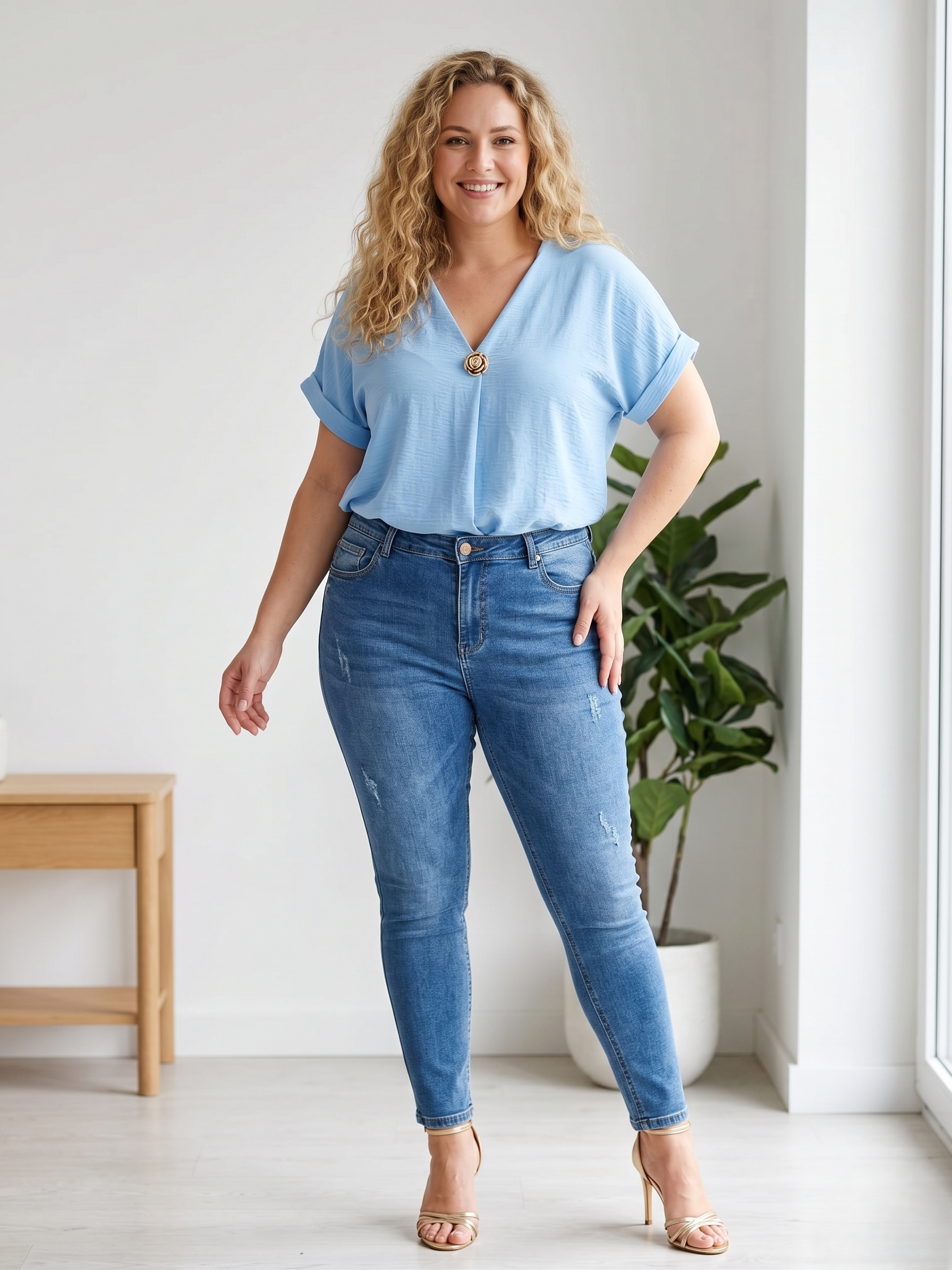 Női plus size V-nyakú nyári felső dísz kitűzővel- PLUS SIZE( L-3XL)