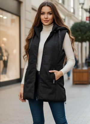 Női hosszított, modern steppelt mellény – fekete (L–4XL)