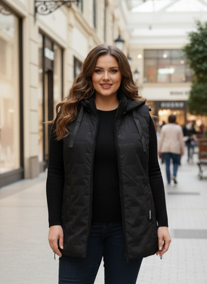 Női hosszított, modern steppelt mellény – fekete (L–4XL)