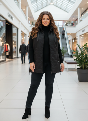 Női hosszított, modern steppelt mellény – fekete (L–4XL)