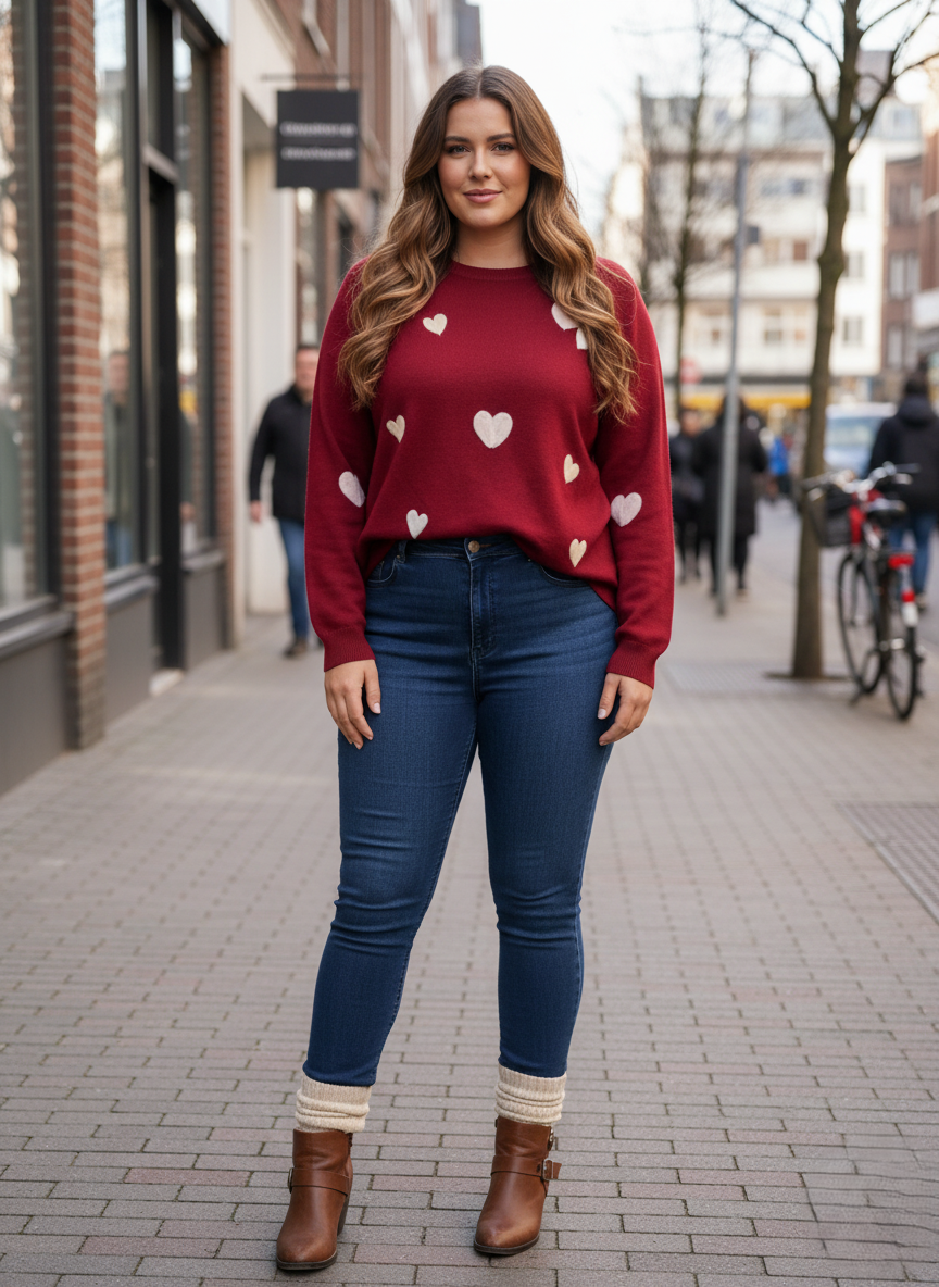 Női vékony kötött pulóver – színes szívmintával( M/L, XL/XXL)