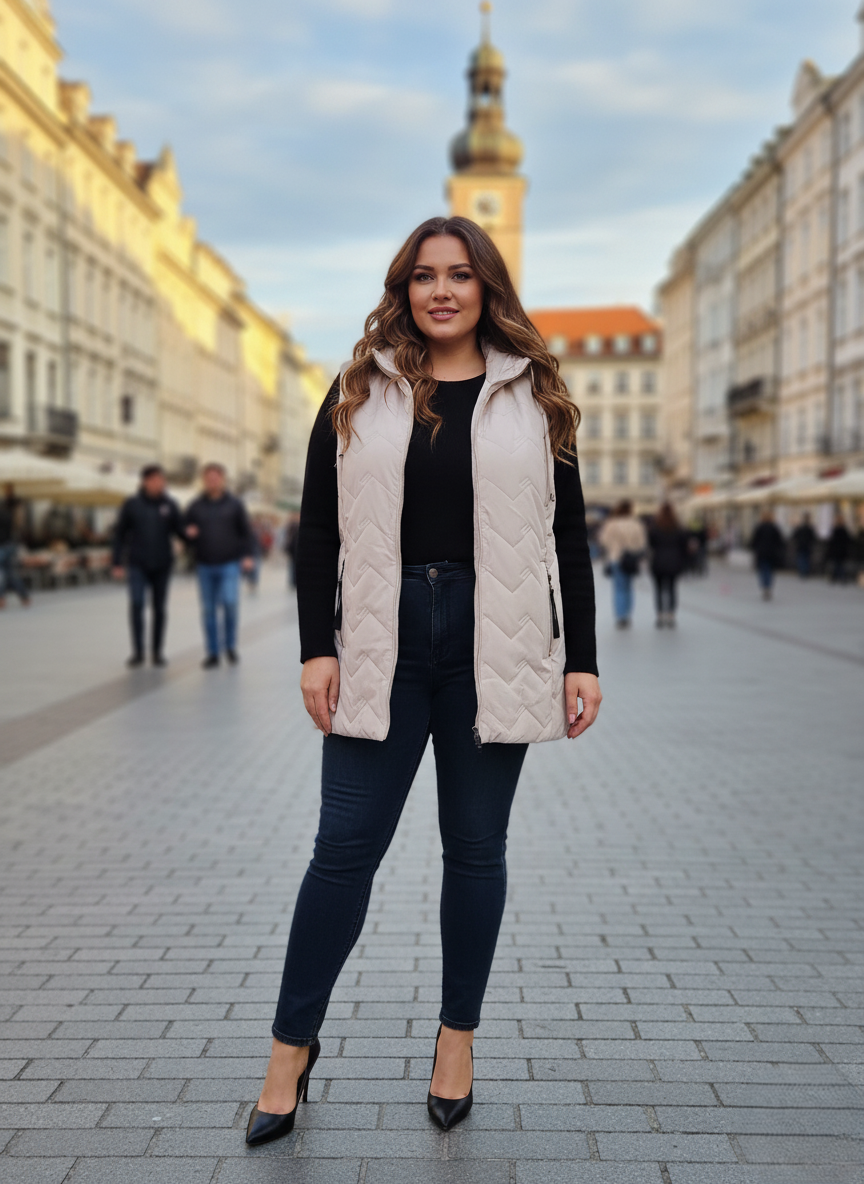 Női bézs steppelt mellény – Plus Size (46–54)