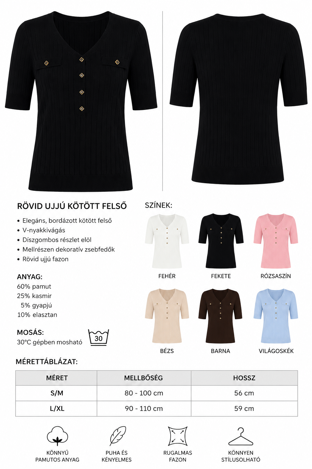 Rövid ujjú bordázott kötött felső díszgombokkal S/M, L/XL
