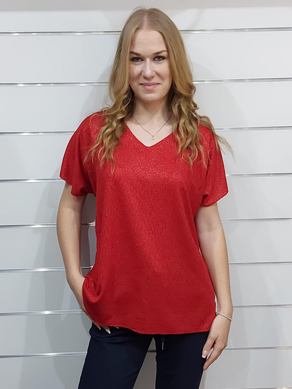 Lurex szálas női V-nyakú felső – kényelmes, elegáns, univerzális méret! (M-3XL)