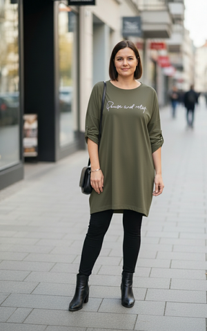 Open image in slideshow, Női pamut tunika – khaki, feliratos(L-6XL)
