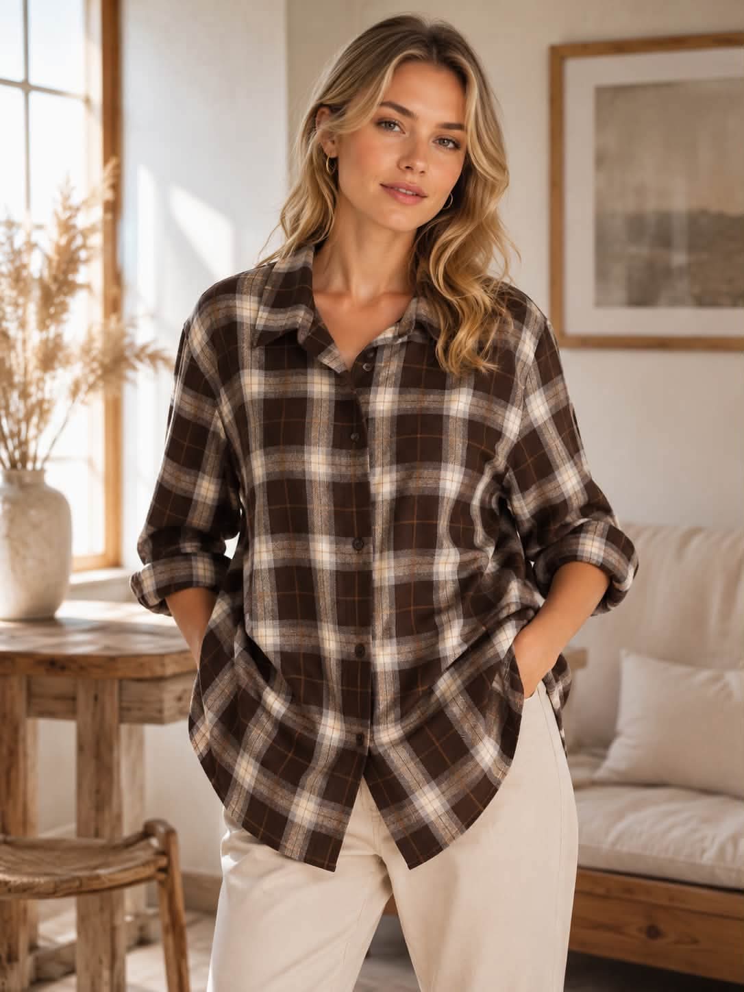 Női barna bézs flanel kockás ing M–XL méretben