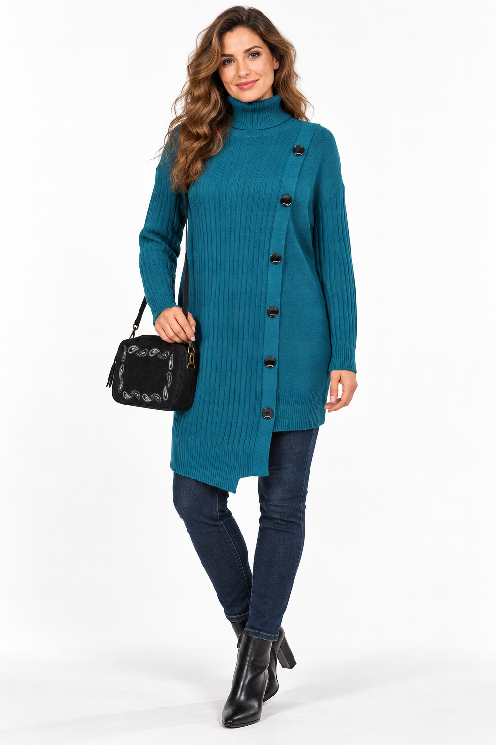 Aszimmetrikus garbós kötött tunika/ruha gombdíszítéssel M-2XL