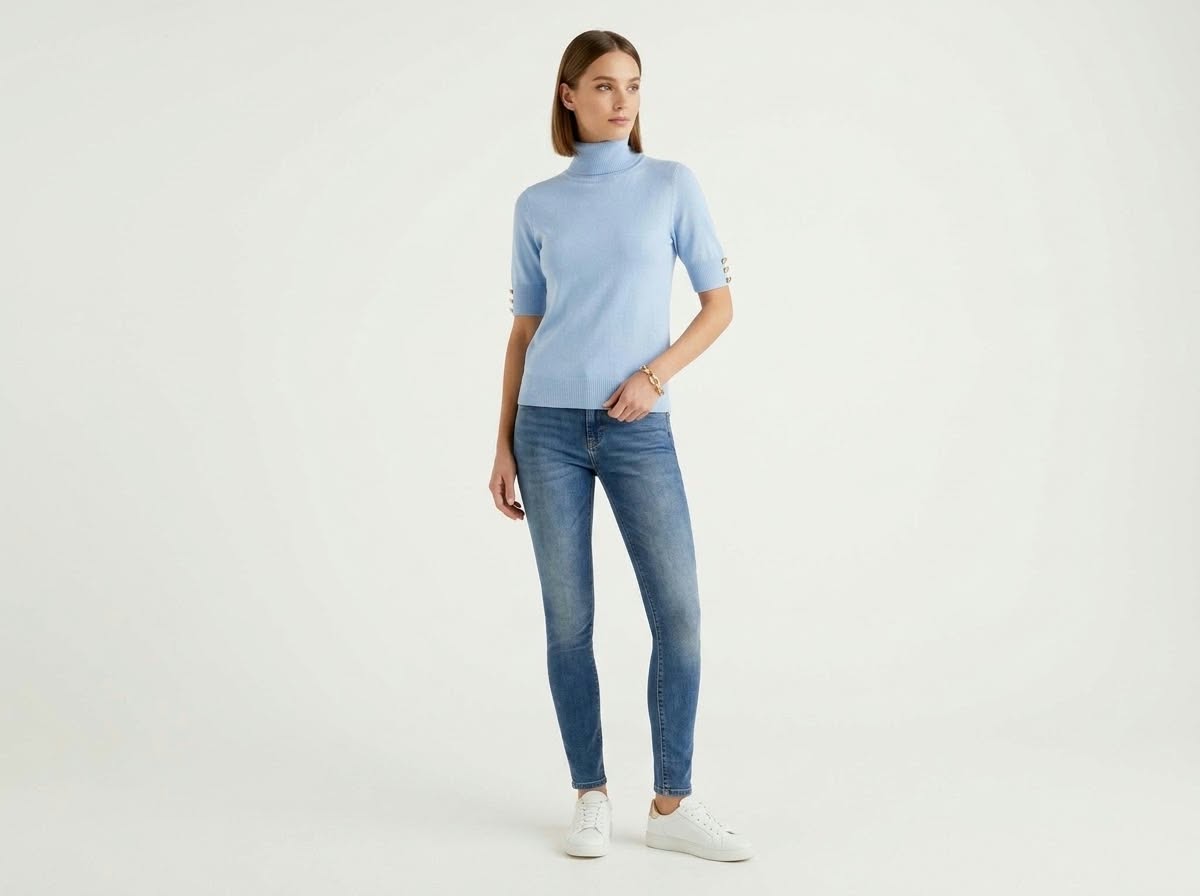 Kasmír női rövid ujjú garbó díszgombos ujjal – Rainbow Trend Shop