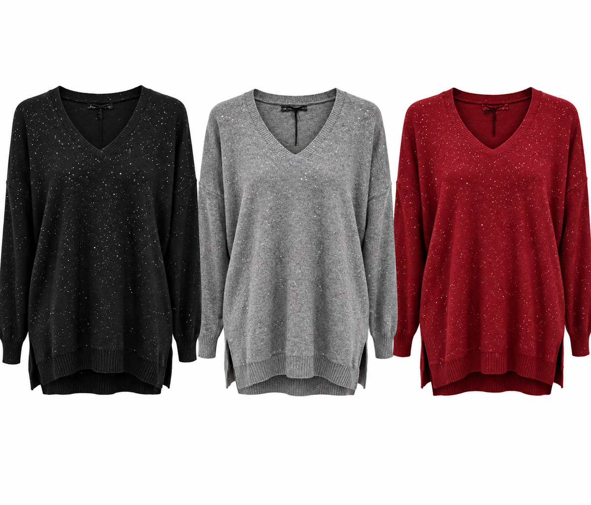 Női V-nyakú csillogó kötött felső M–2XL méretben – Rainbow Trend Shop