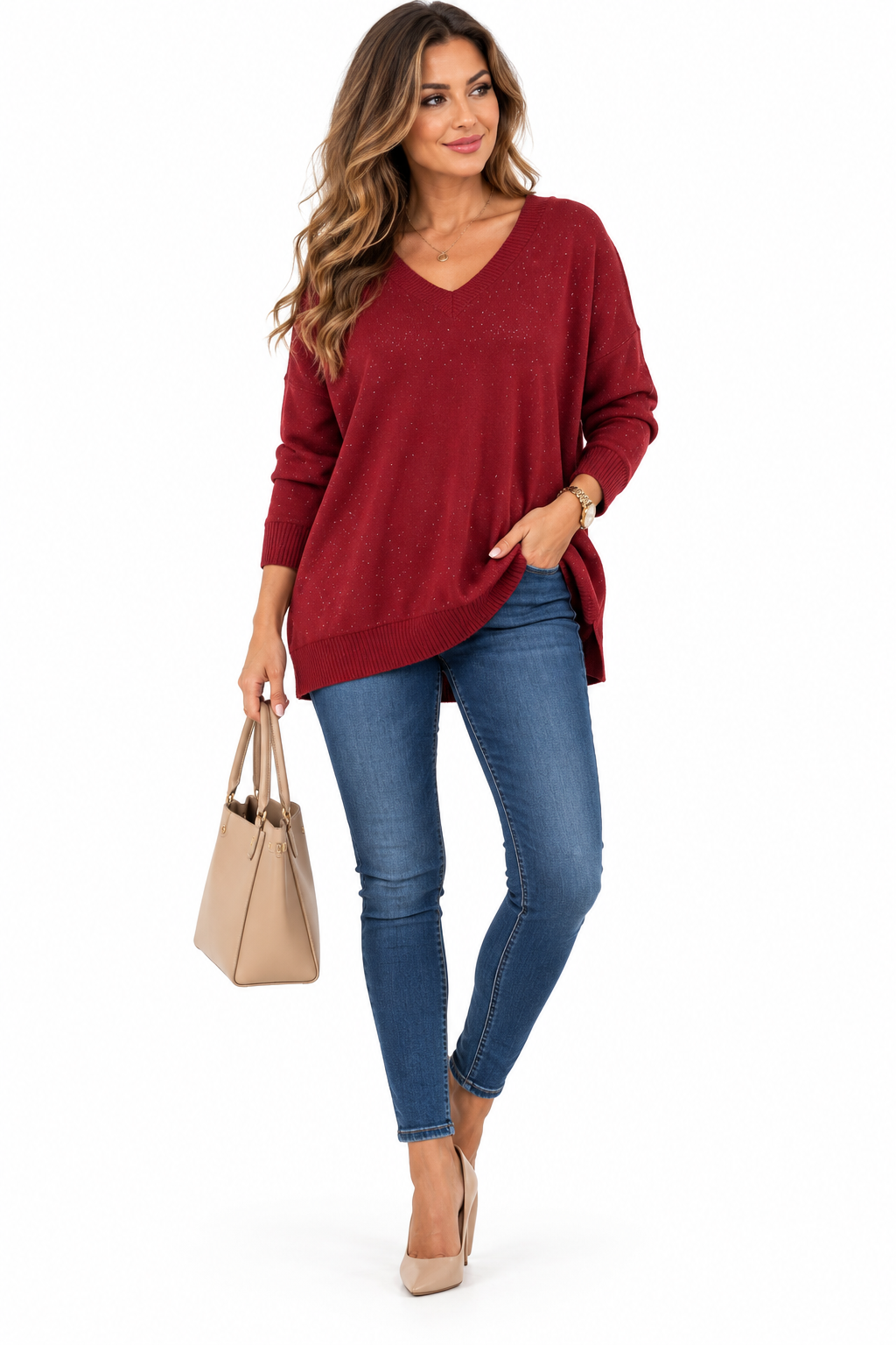 Női V-nyakú csillogó kötött felső M–2XL méretben – Rainbow Trend Shop