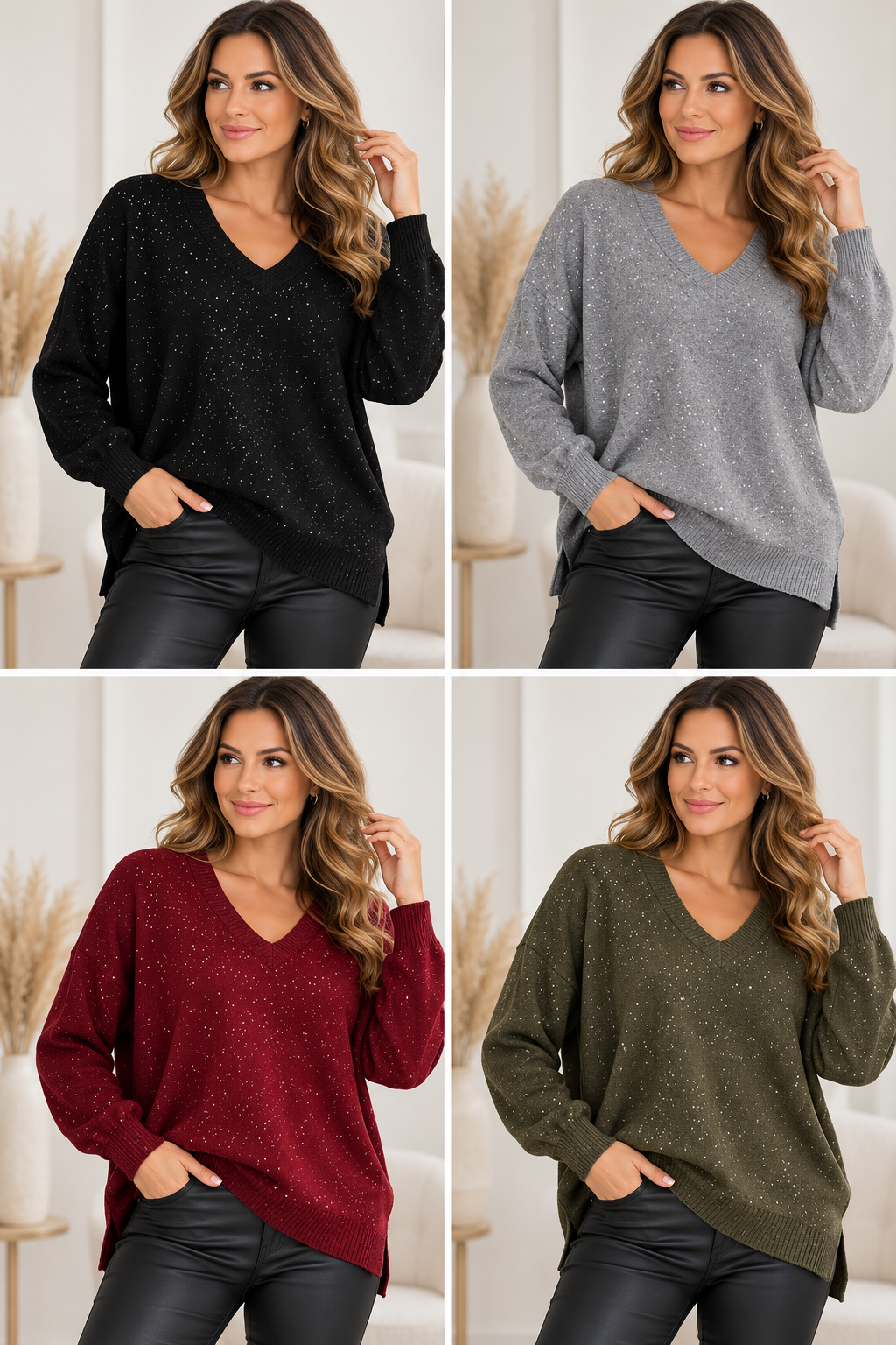 Női V-nyakú csillogó kötött felső M–2XL méretben – Rainbow Trend Shop