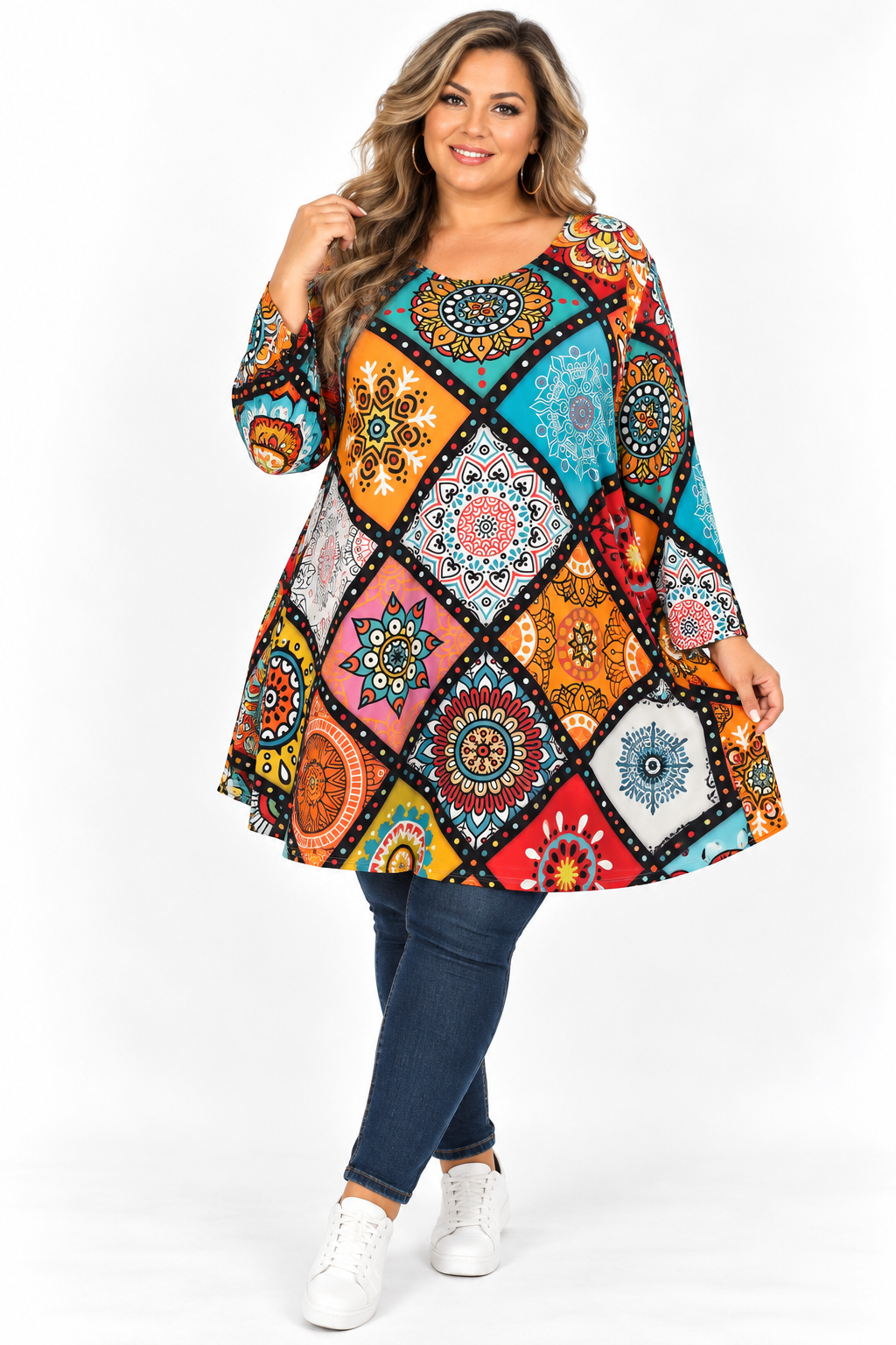 Plus size női mintás A-vonalú tunika XL–5XL méretre – Rainbow Trend Shop