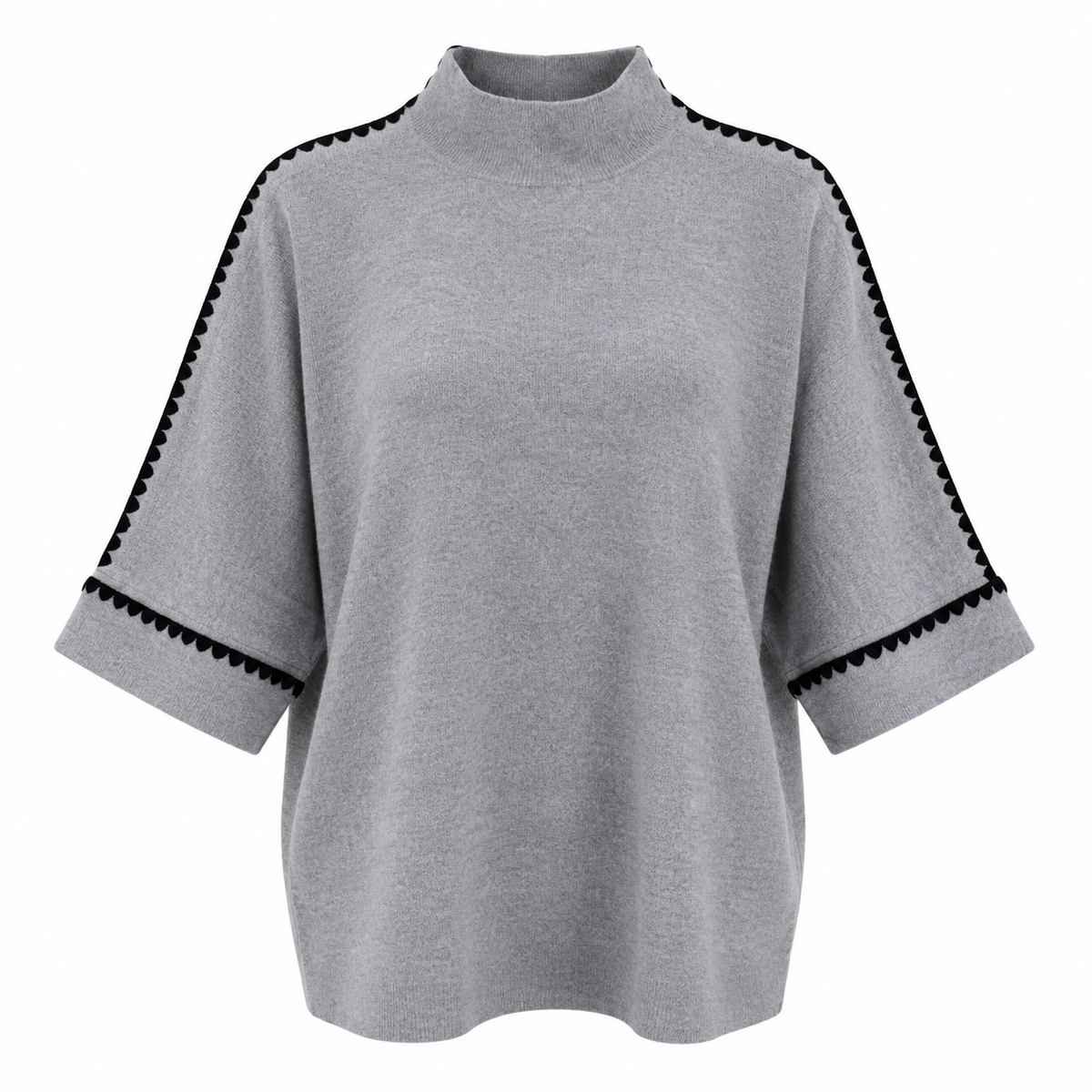 Szürke női denevérujjú kötött felső fekete szegéllyel, M–2XL méretre ajánlott.