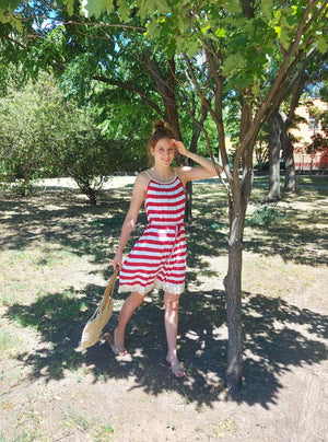 Open image in slideshow, Spagetti pántos, csíkos nyári női ruha
