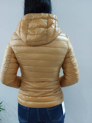 Kapucnis steppelt női kabát-Mustár