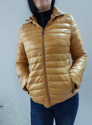 Kapucnis steppelt női kabát-Mustár