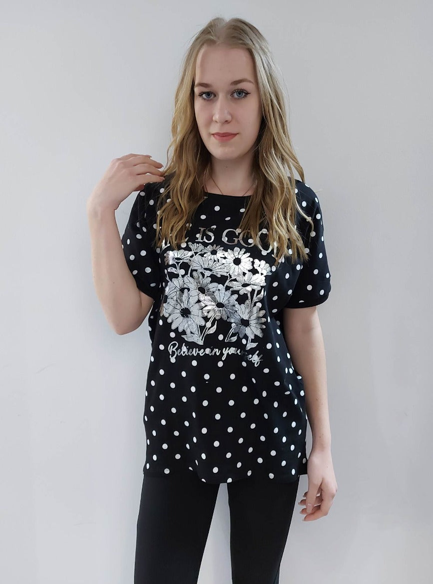 Pöttyös nyomott mintás női póló-Plus size
