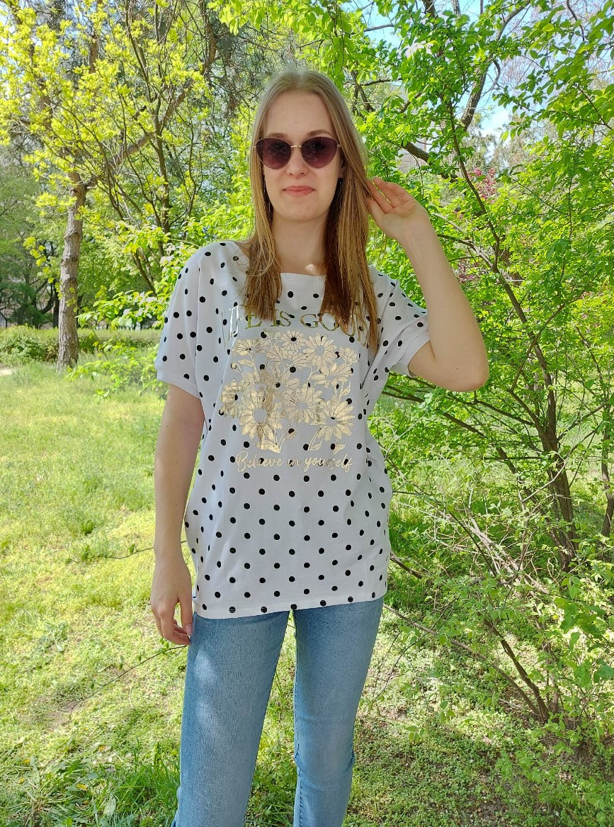 Pöttyös nyomott mintás női póló-Plus size
