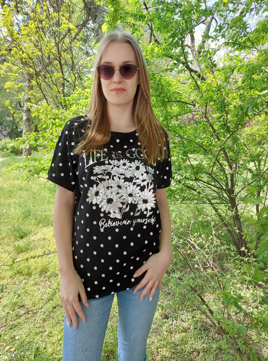 Pöttyös nyomott mintás női póló-Plus size