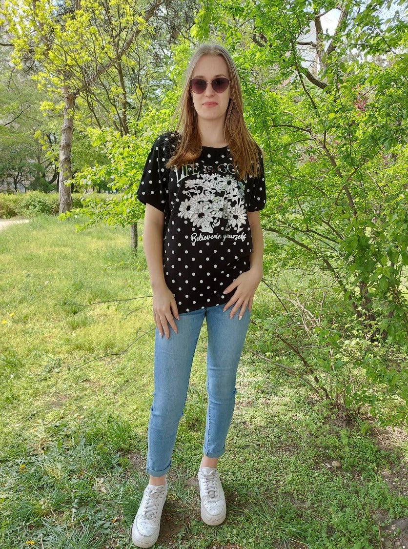 Pöttyös nyomott mintás női póló-Plus size