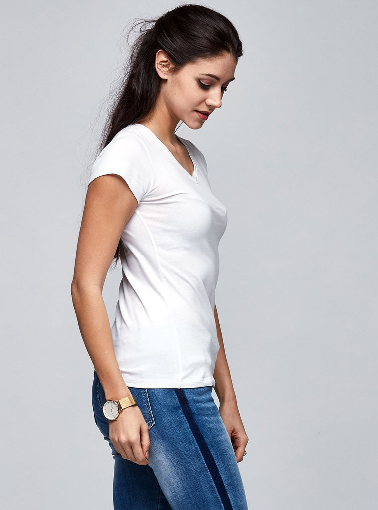 Női V- nyakú pamut fehér póló - Rainbow Trend Shop